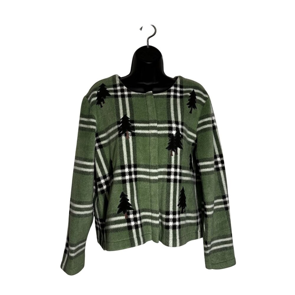 Vintage Green Plaid Fleece Jacket With Tree Embroidery By Christopher & Banks